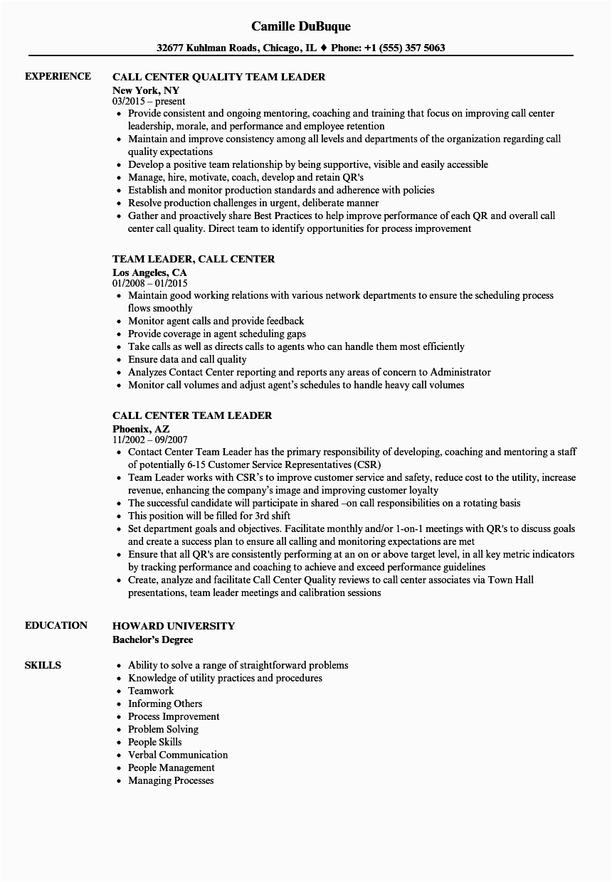 Sample Resume for Team Leader In Call Center Call Center Team Leader Resume Samples