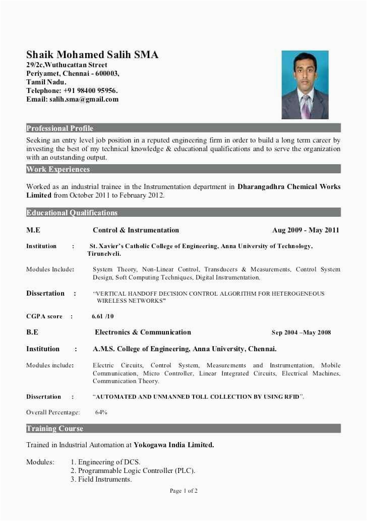 Sample Resume format for Freshers Engineers Sample Resume for Freshers Engineers Instrument