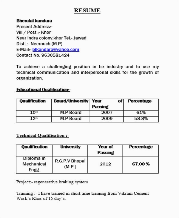 Sample Resume format for Freshers Pdf Free Download A Resume format for Fresher