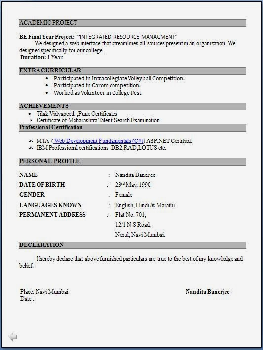 Sample Resume format for Freshers Pdf Free Download Fresher Resume format