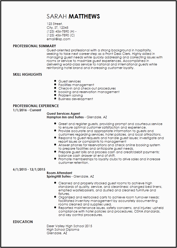 Sample Resume format for Hotel Industry Free Entry Level Hotel & Hospitality Resume Templates