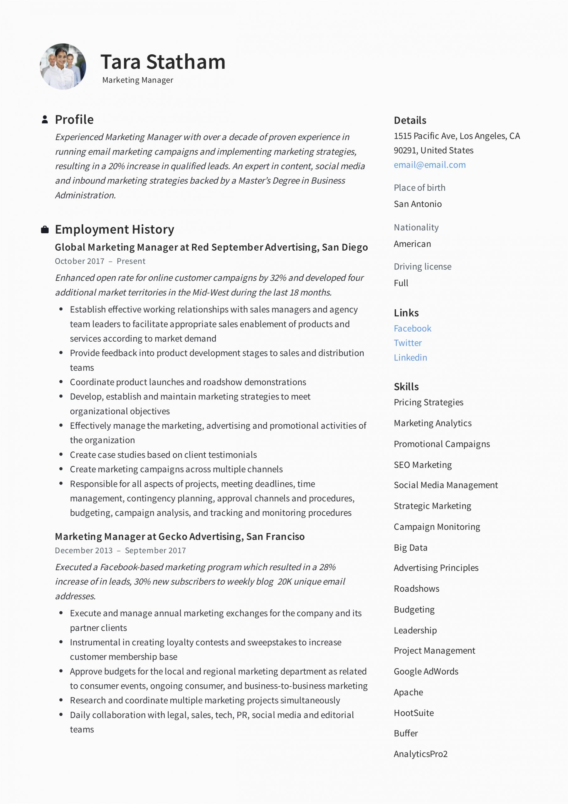 Sample Resume format for Marketing Manager Marketing Manager Resume Writing Guide 12 Templates