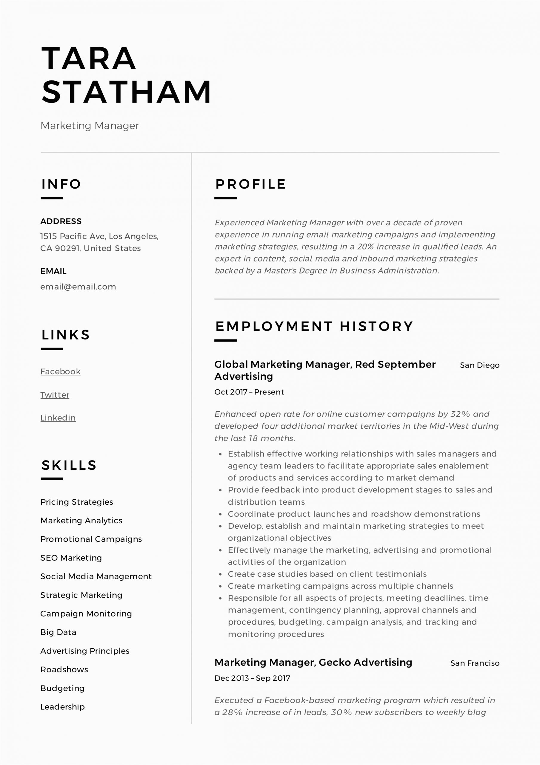 Sample Resume format for Marketing Manager Marketing Manager Resume Writing Guide 12 Templates