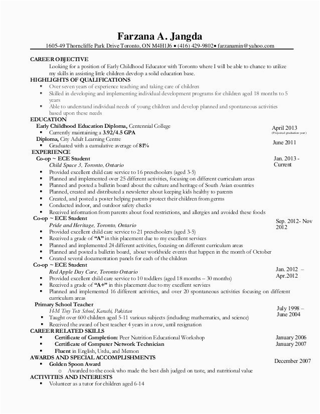 Sample Resume Objective for Child Care Child Care Resume In 2020