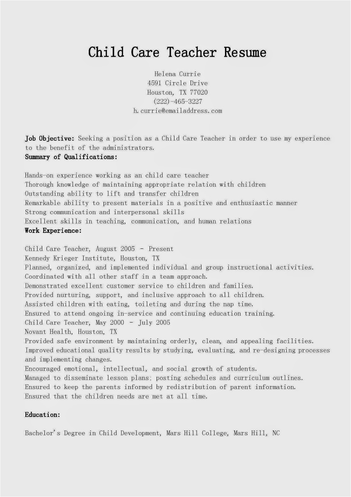 Sample Resume Objective for Child Care Resume Samples Child Care Teacher Resume Sample
