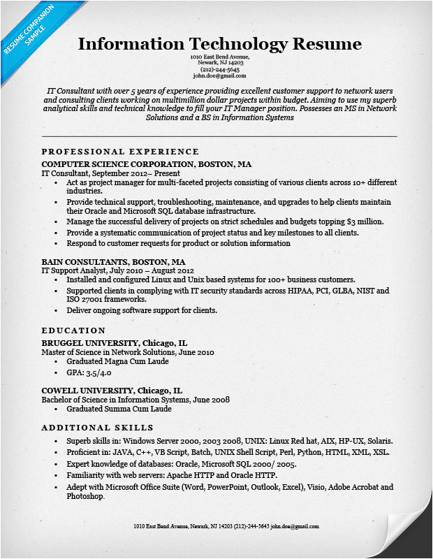 Sample Resume Objective for Information Technology Information Technology It Resume Sample