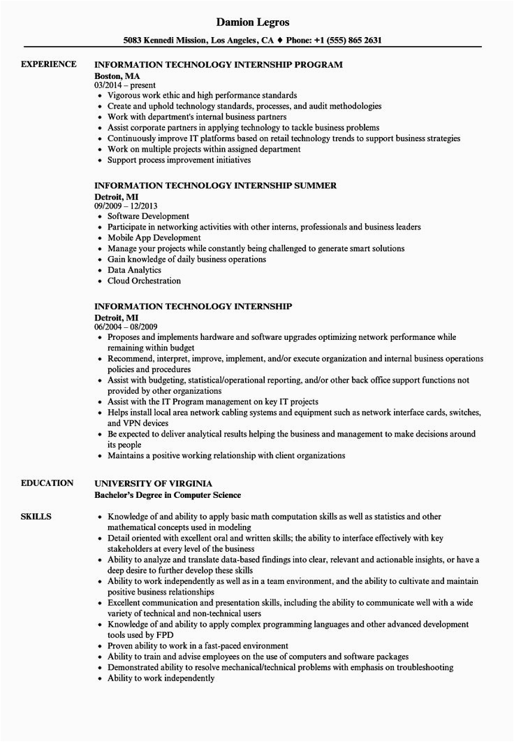 Sample Resume Objective for Information Technology Sample Resume for Internship In Information Technology In