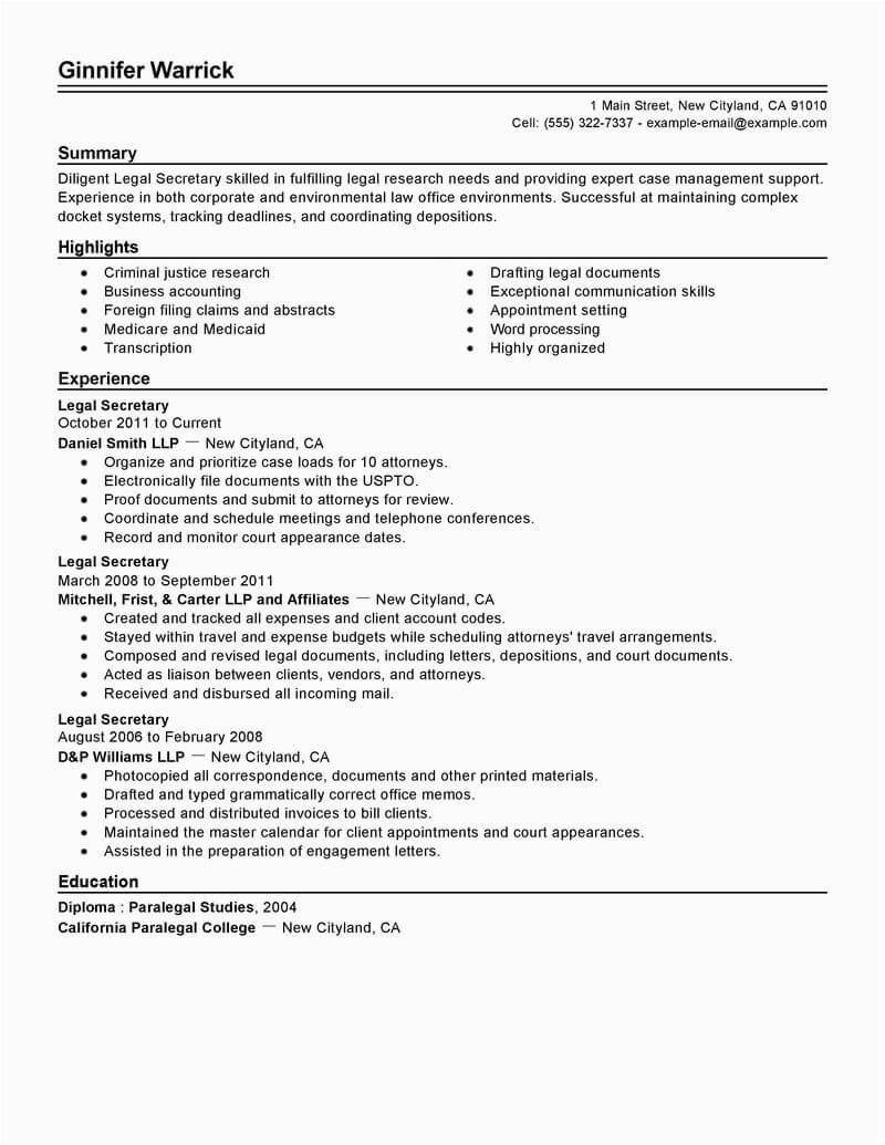 Sample Resume Objective for Secretary Position Best Legal Secretary Resume Example From Professional