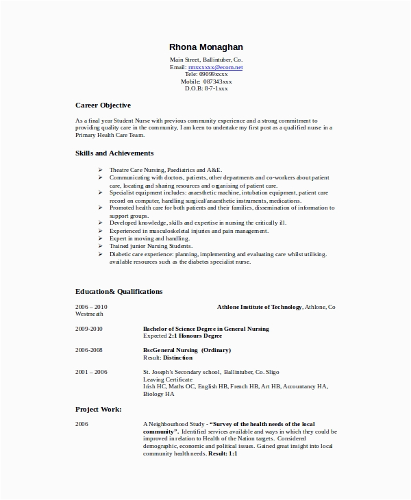 Sample Resume Objectives for Nursing Student Free 8 Sample Nursing Student Resume Templates In Ms Word