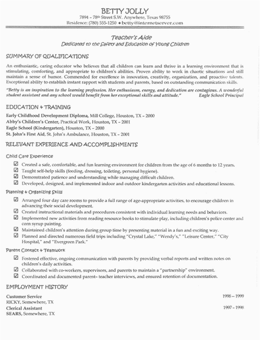 Sample Resume Objectives for Teachers Aide Teacher assistant Resume Objective