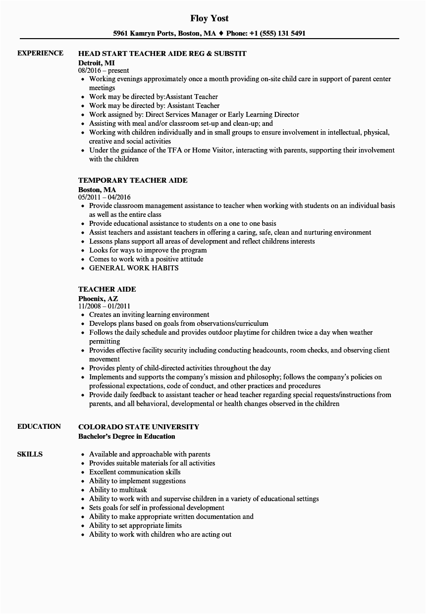 Sample Resume Objectives for Teachers Aide Teacher assistant Resume
