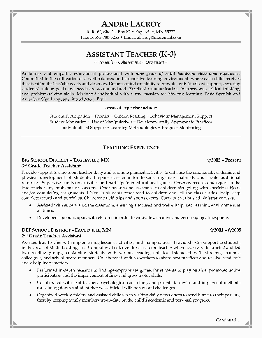 Sample Resume Objectives for Teachers Aide Teaching assistant Resume Writing Example