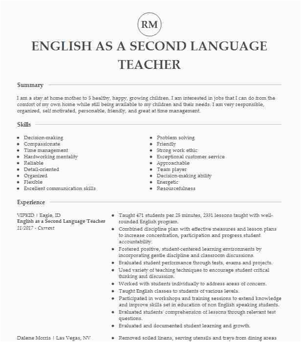 Sample Resume Teaching English as A Second Language English as A Second Language Instructor Resume Example
