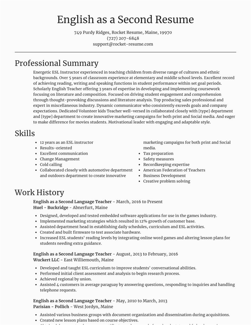 Sample Resume Teaching English as A Second Language English as A Second Language Teacher Resumes