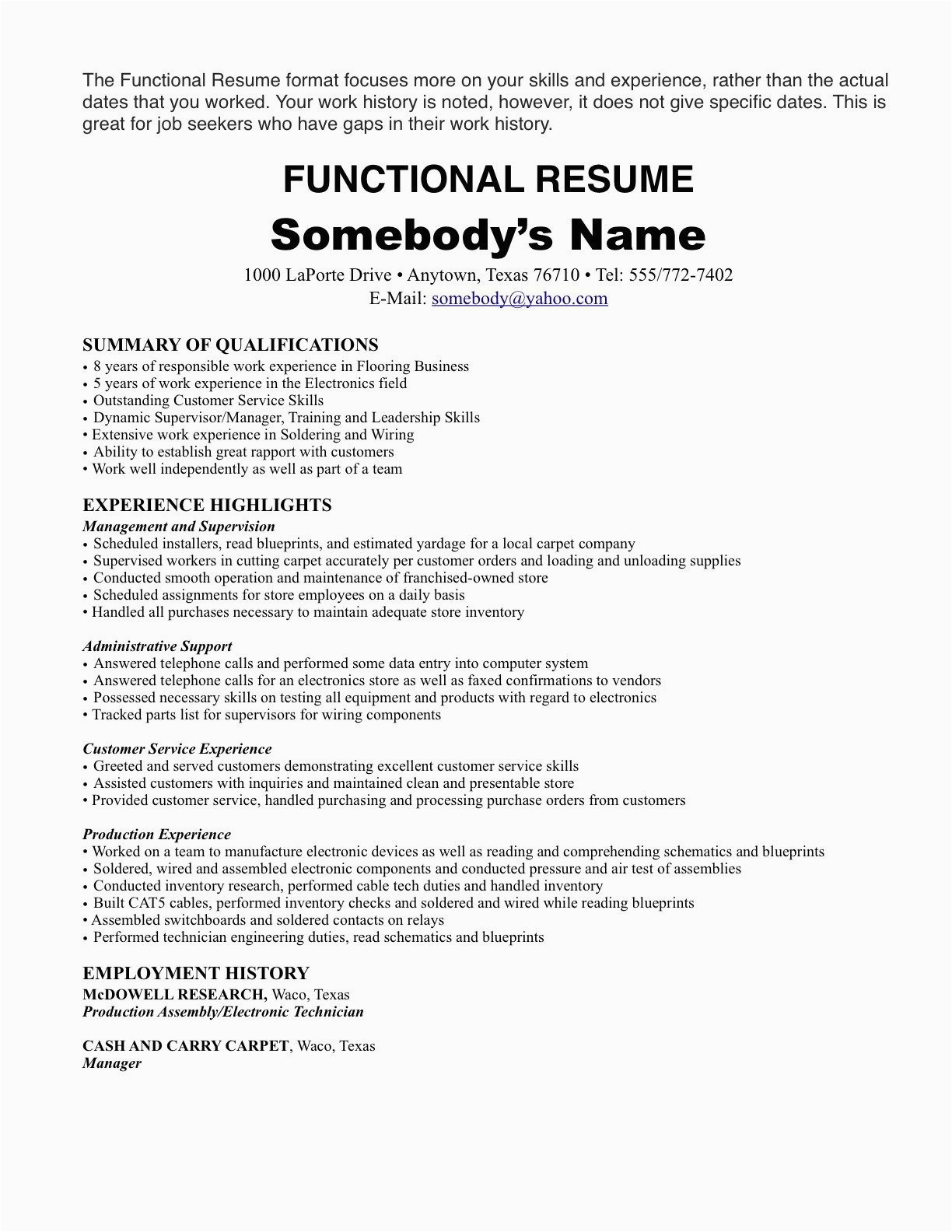 Sample Resume with Only One Job Experience E Job