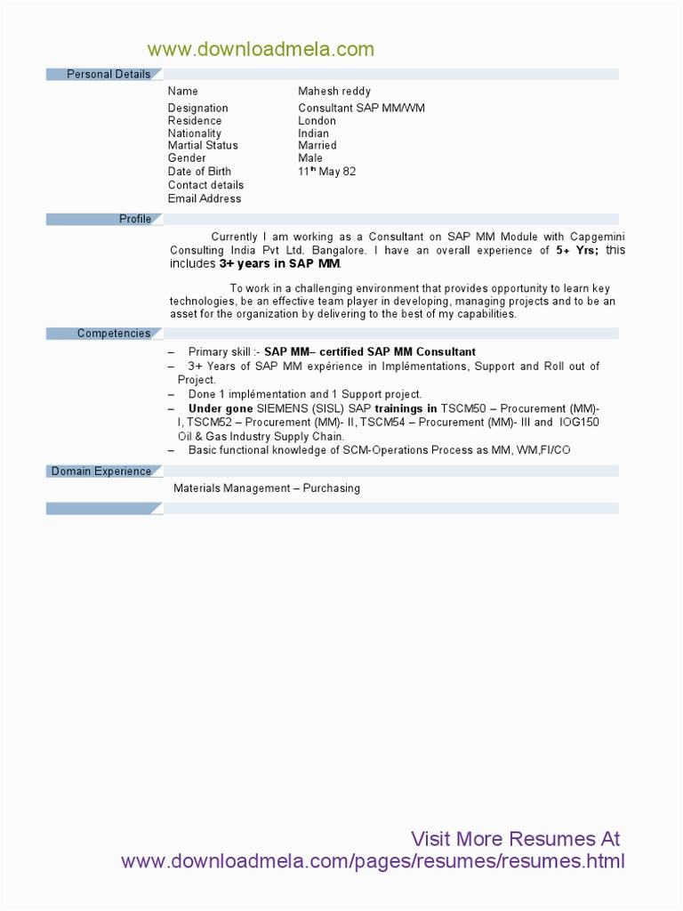 Sap Mm Sample Resume 3 Years Experience Sap Mm Module Resume with 3 Years Experience