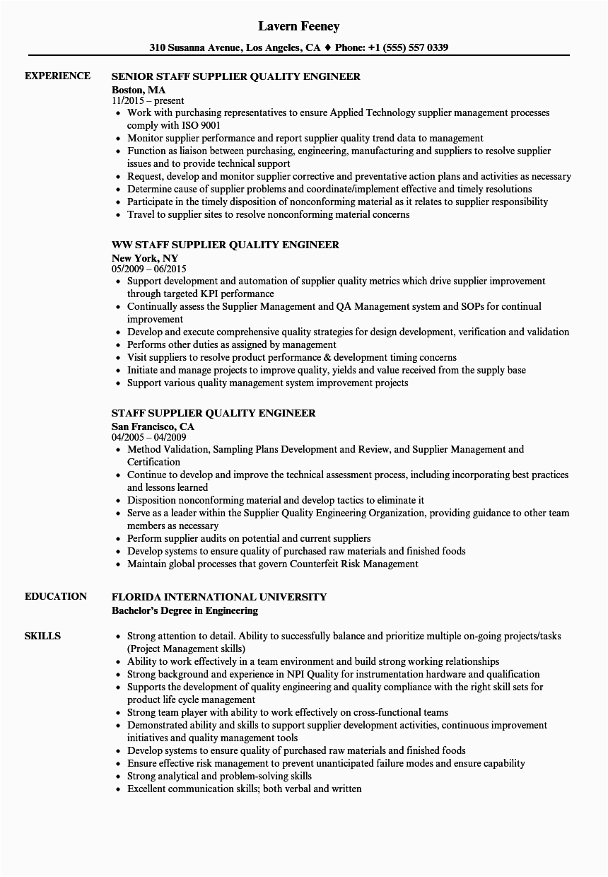 Supplier Quality assurance Engineer Resume Sample Staff Supplier Quality Engineer Resume Samples