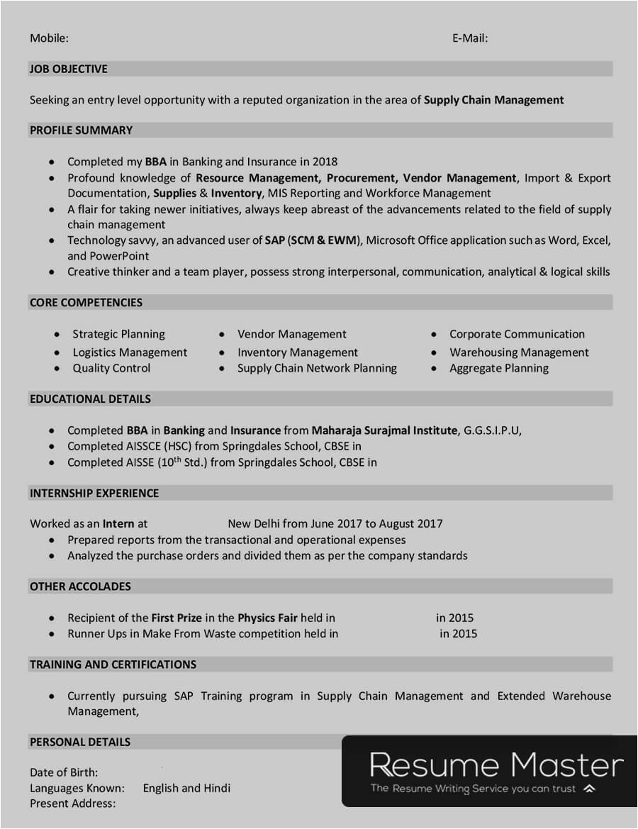 Supply Chain Management Resume Sample Entry Level Supply Chain Management