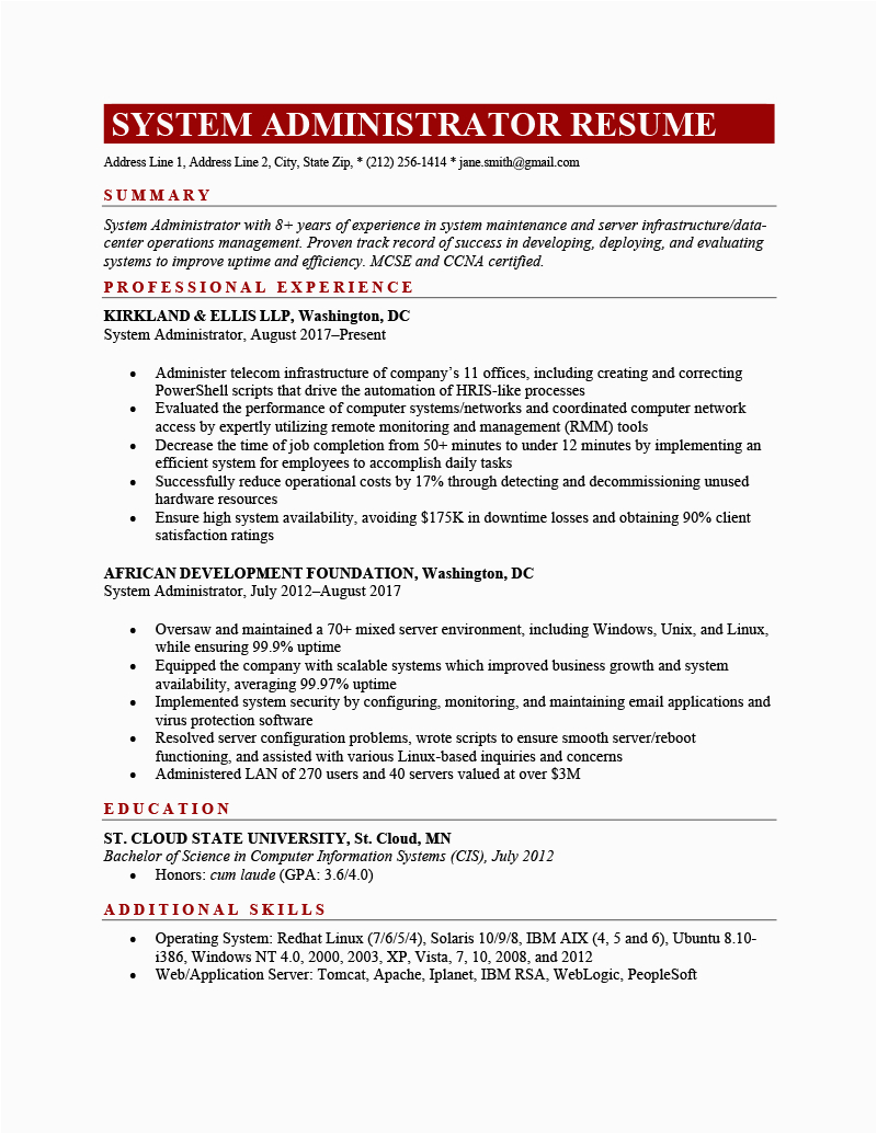 System Administrator Sample Resume 2 Years Experience System Administrator Resume Example & Writing Tips