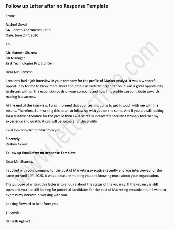After Resume Follow Up Email Samples Follow Up Letter after No Response Template
