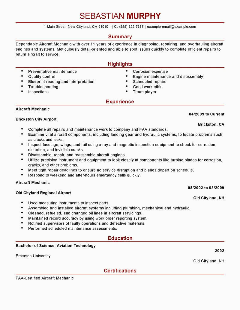 Aircraft Maintenance Engineer Apprentice Resume Sample Best Aircraft Mechanic Resume Example From Professional