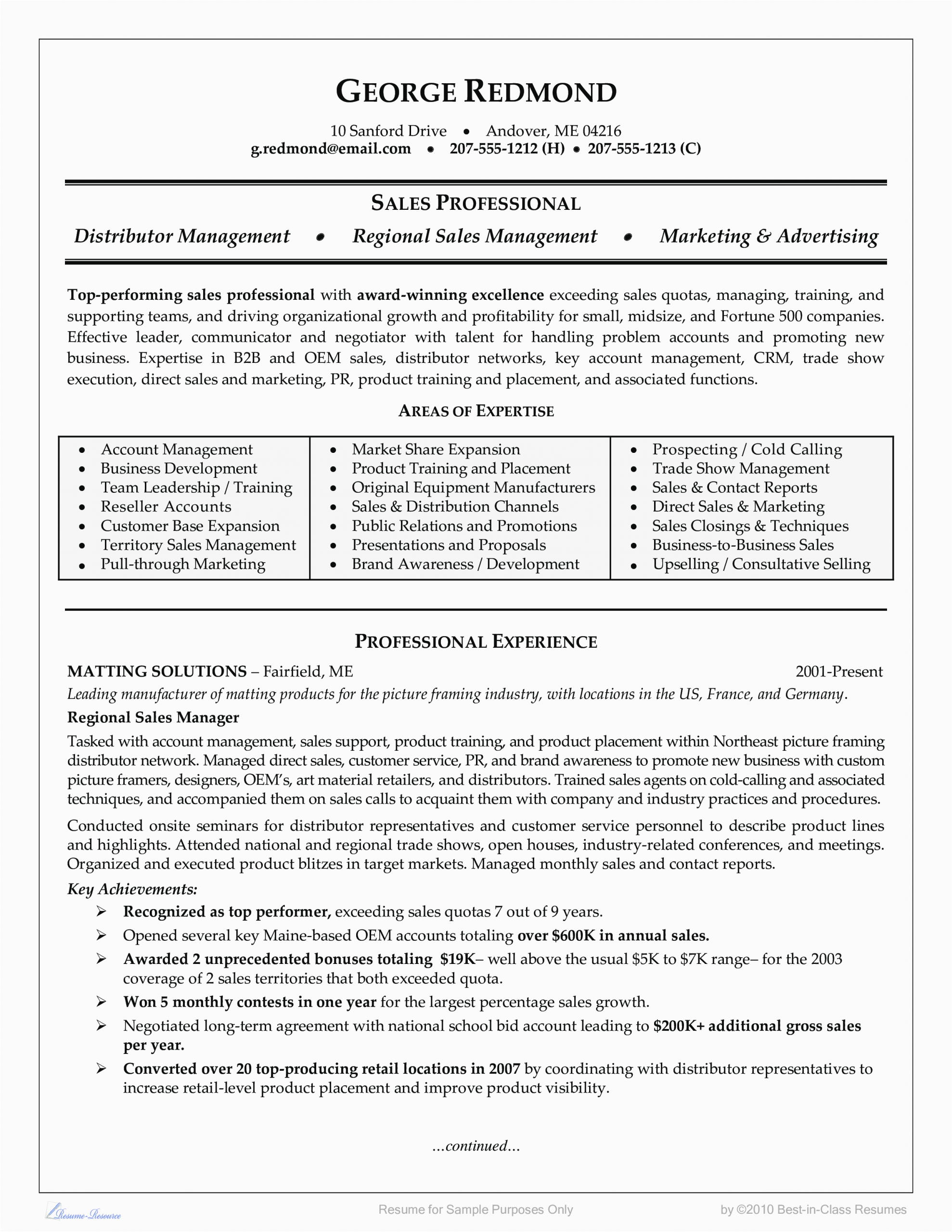 Business to Business Sales Resume Sample Business Sales Resume Sample