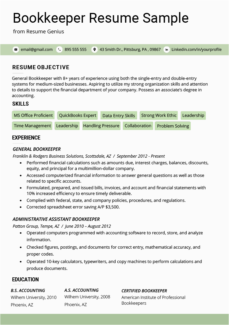 Entry Level Accounting Bookkeeping Resume Sample Bookkeeper Resume Sample & Guide