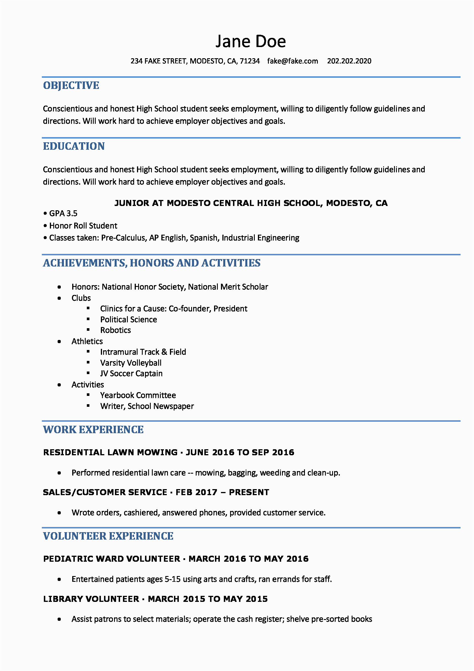 Free Resume Samples for Highschool Students High School Resume Resume Templates for High School