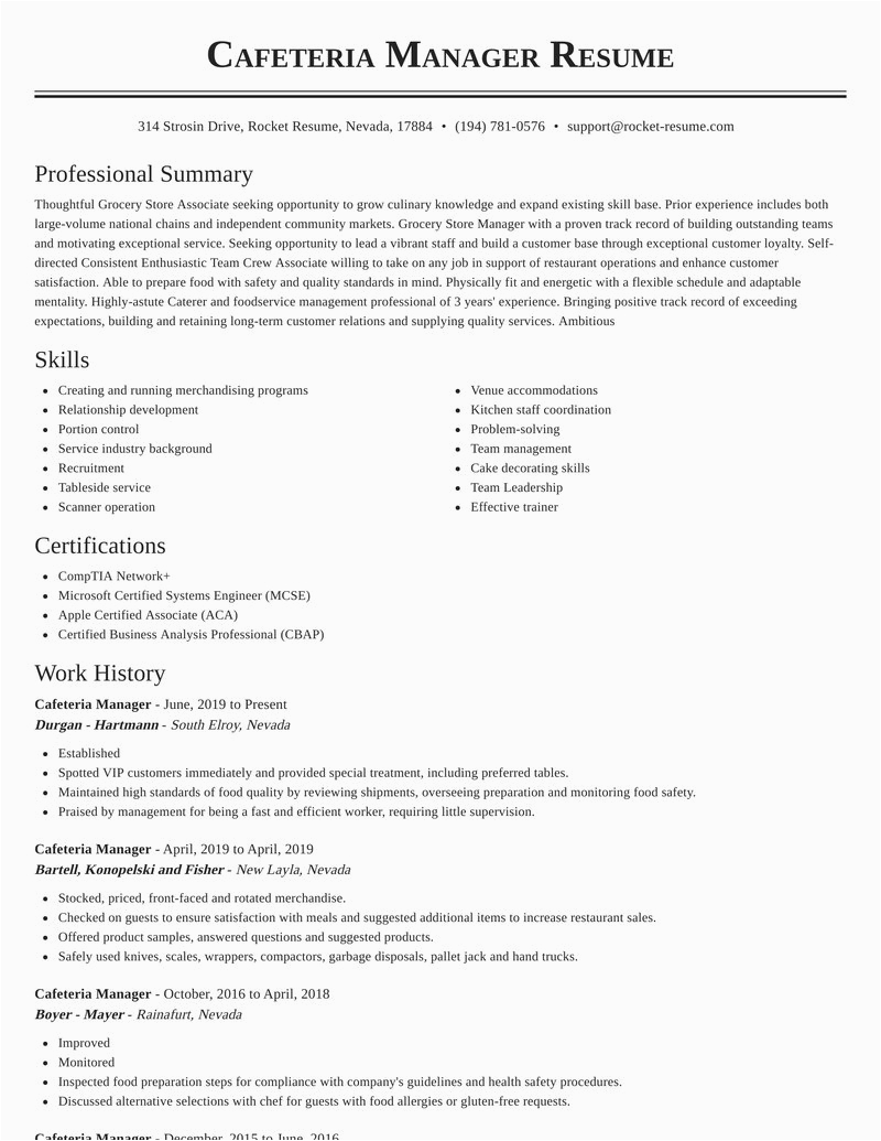 Free Sample Resume for Cafeteria Worker Cafeteria Manager Resumes