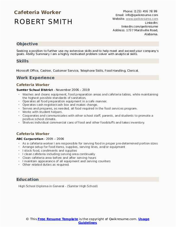 Free Sample Resume for Cafeteria Worker Cafeteria Worker Resume Samples
