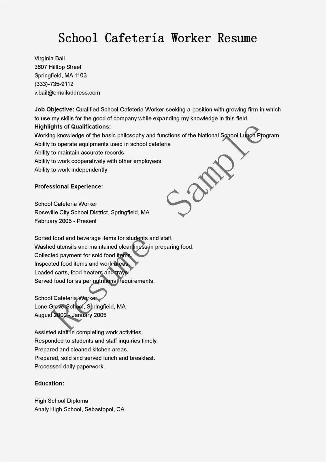 Free Sample Resume for Cafeteria Worker Resume Samples School Cafeteria Worker Resume Sample