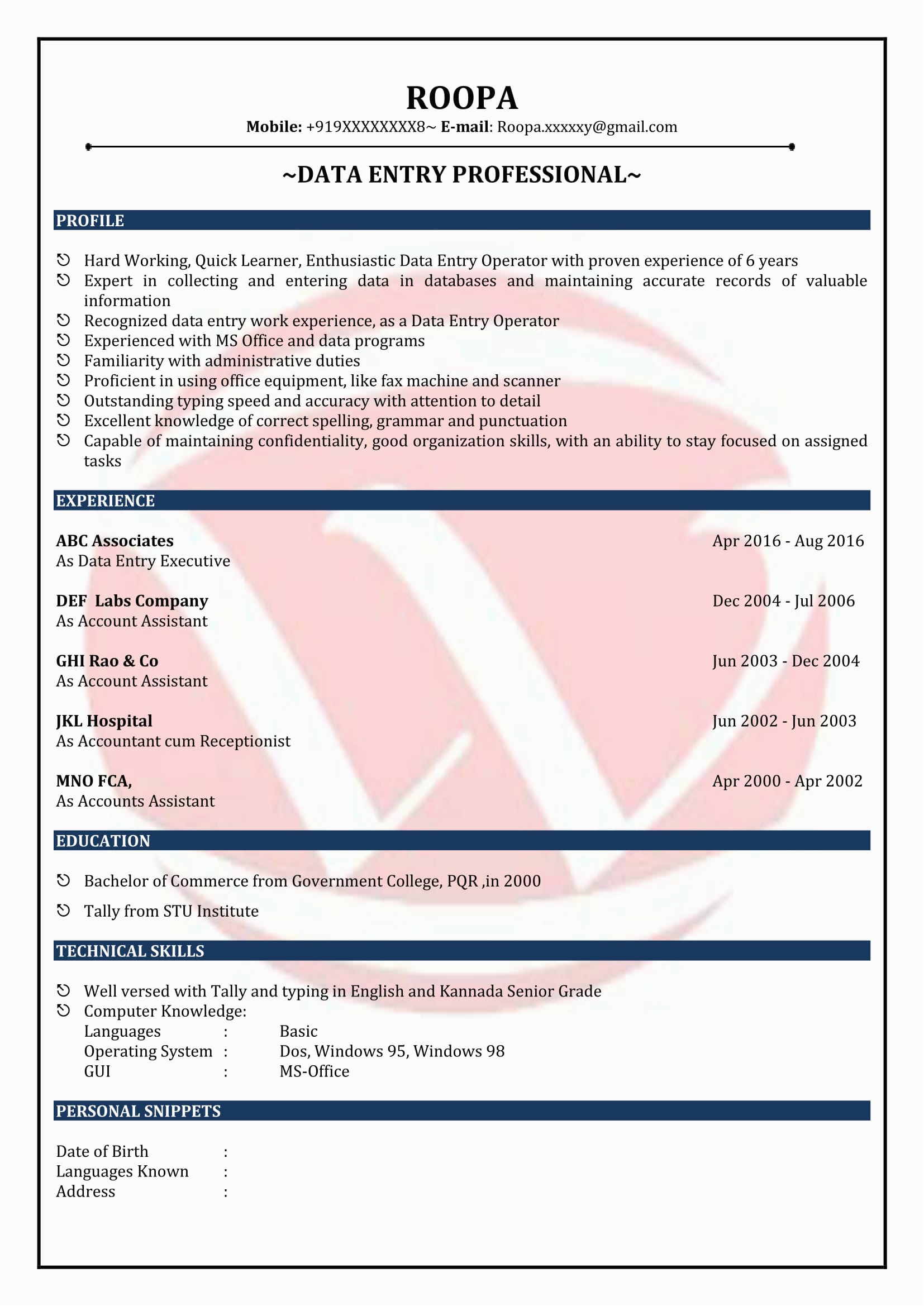 Free Sample Resume for Data Entry Data Entry Sample Resumes Download Resume format Templates