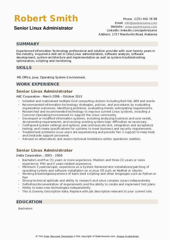 Linux Administrator Resume Sample for Experience Senior Linux Administrator Resume Samples