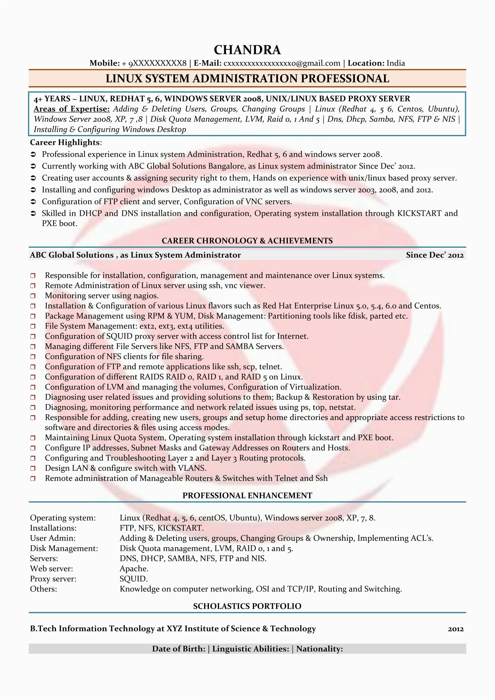 Linux System Administrator Sample Resume 2 Years Experience Linux Admin Sample Resumes Download Resume format Templates