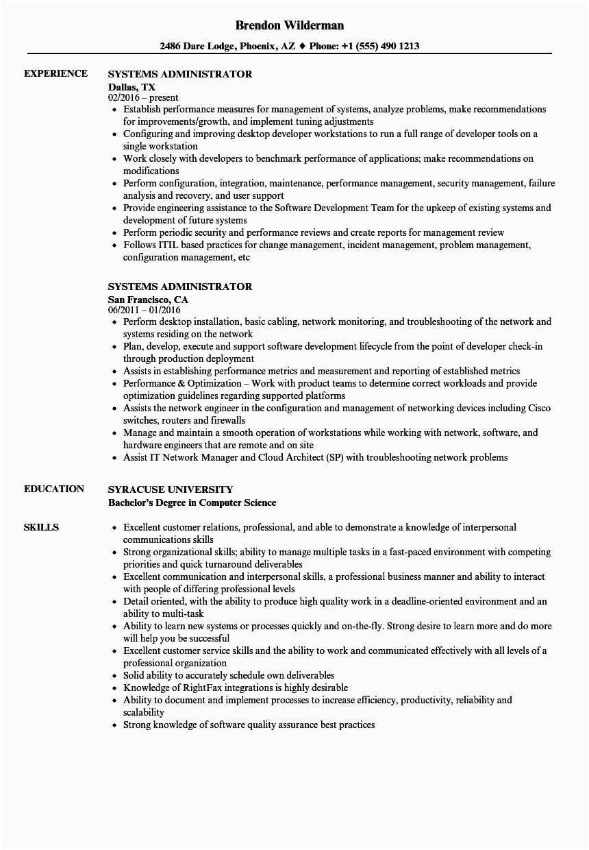 Linux System Administrator Sample Resume 2 Years Experience Systems Administrator Resume Samples