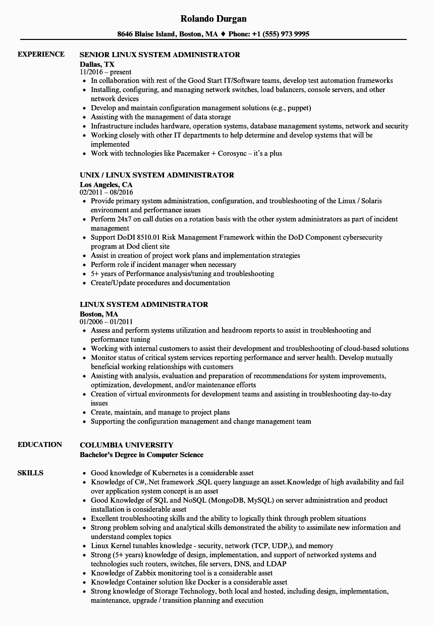 Linux System Administrator Sample Resume 5 Years Experience Linux System Administrator Resume Samples