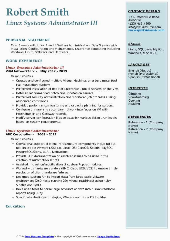 Linux System Administrator Sample Resume 5 Years Experience Linux Systems Administrator Resume Samples