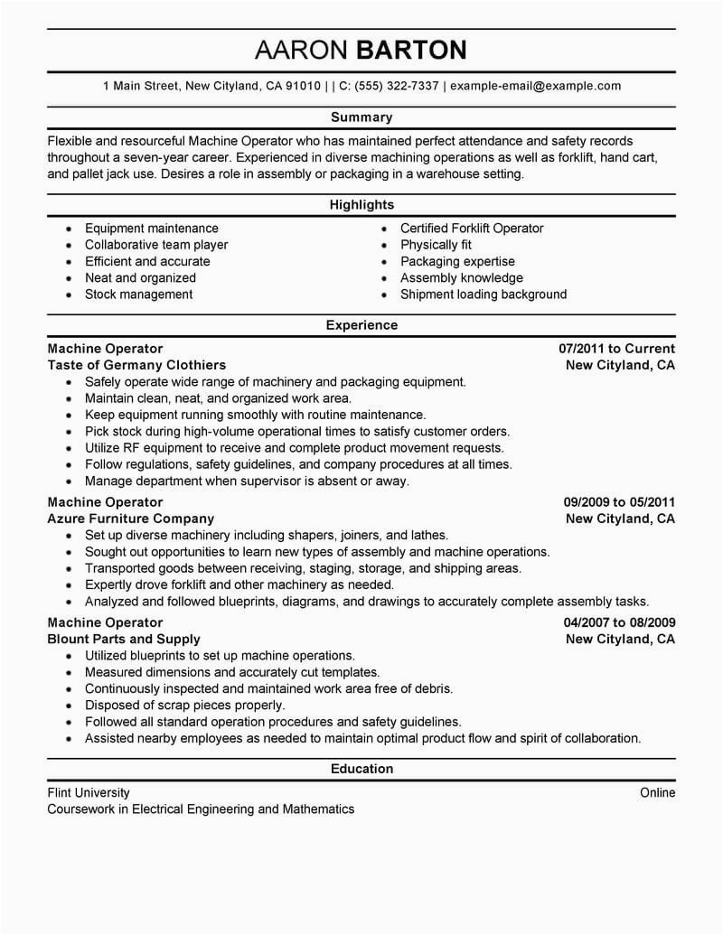 Machine Operator Job Description Sample Resume Best Machine Operator Resume Example