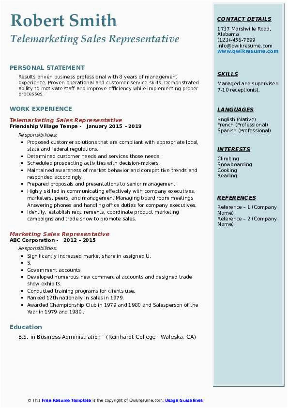 Resume Samples for Telemarketing Sales Representative Marketing Sales Representative Resume Samples