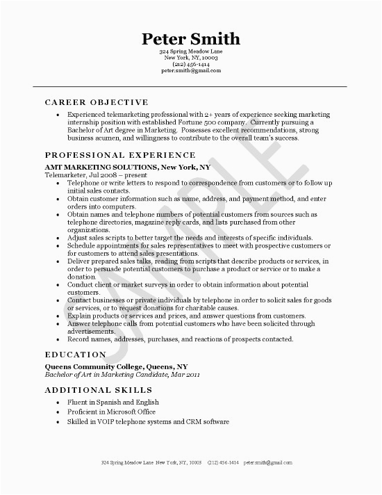 Resume Samples for Telemarketing Sales Representative Telemarketer Resume Example