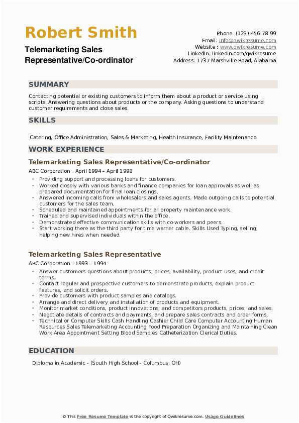 Resume Samples for Telemarketing Sales Representative Telemarketing Sales Representative Resume Samples
