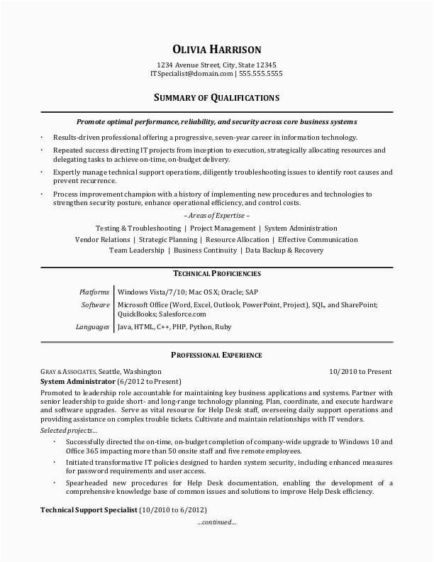 Resume Summary Samples for It Professionals It Professional Resume Sample