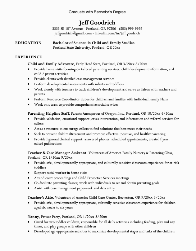 Resume with Bachelor S Degree Sample Graduate Bachelor Degree Resume Exampleresumecv