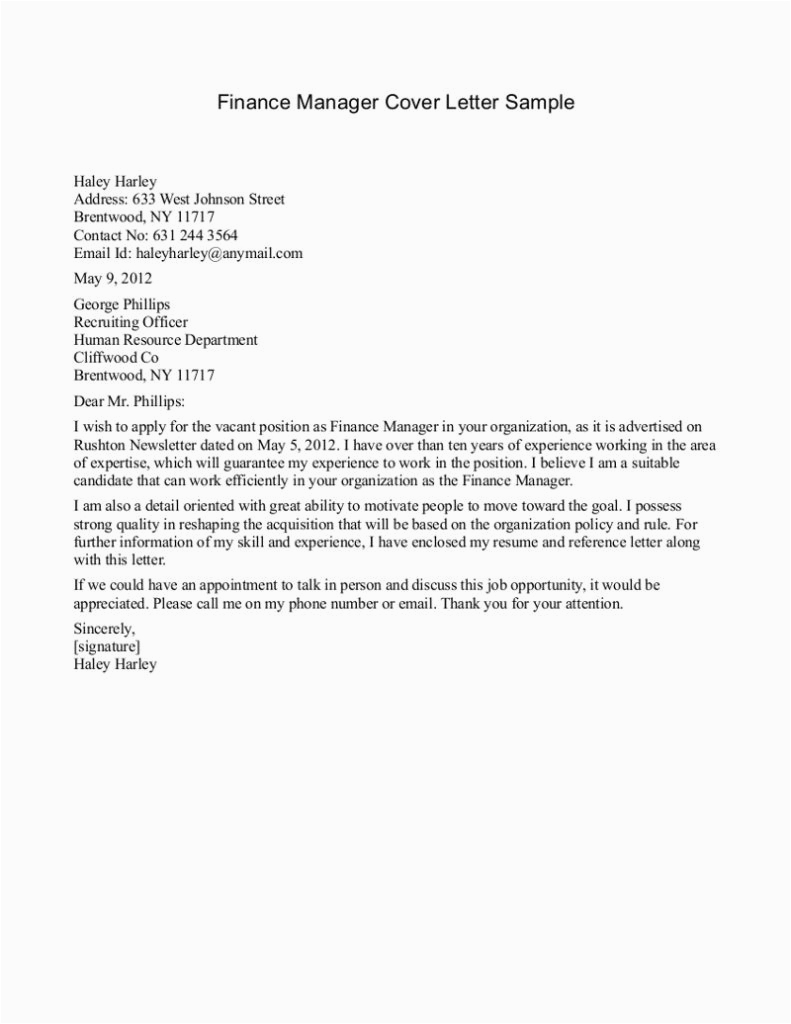 Sample Cover Letter for Resume Finance Manager 11 12 How to Write A Finance Cover Letter