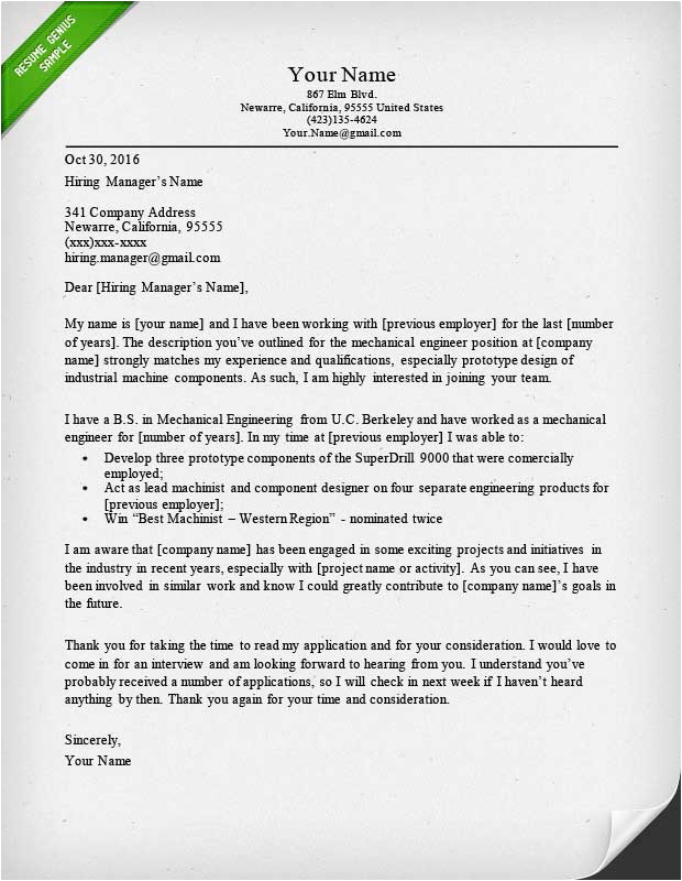 Sample Cover Letter for Resume Mechanical Engineer Engineering Cover Letter Templates