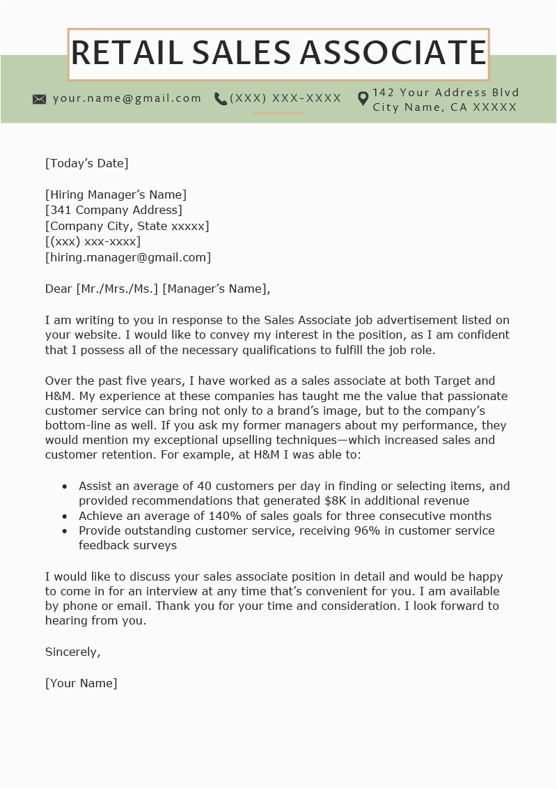 Sample Cover Letter for Resume Retail Sales Retail Sales associate Cover Letter Example & Tips