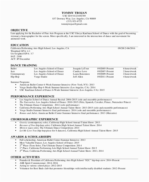 Sample Dance Resume for College Audition Auditionee Headshot & Resume – Dancewave Dtcb