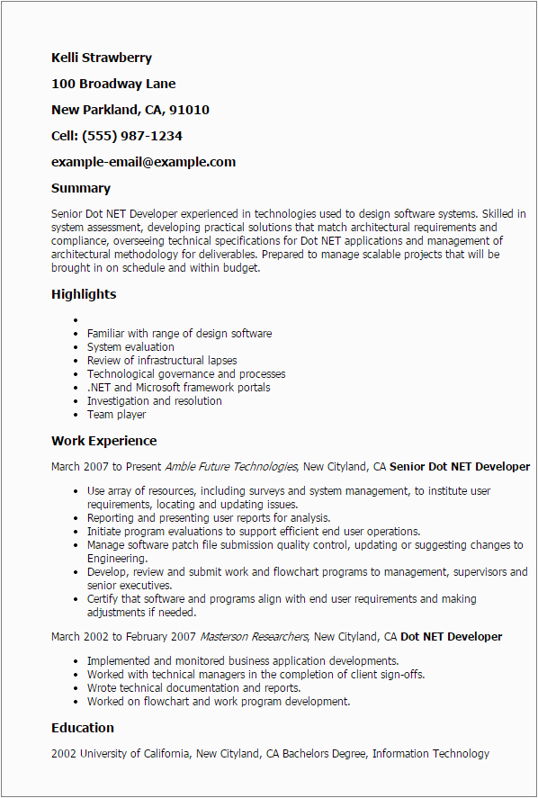 Sample Dot Net Resume for Experienced Professional Senior Dot Net Developer Templates to