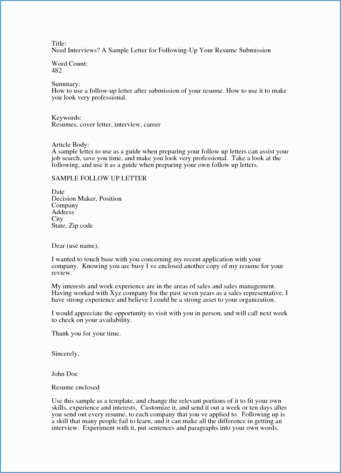 Sample Follow Up Letter after Sending Resume 9 10 Followup Letter Examples