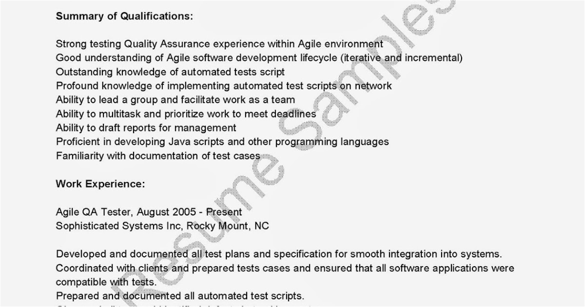 Sample Qa Resume with Agile Experience Resume Samples Agile Qa Tester Resume